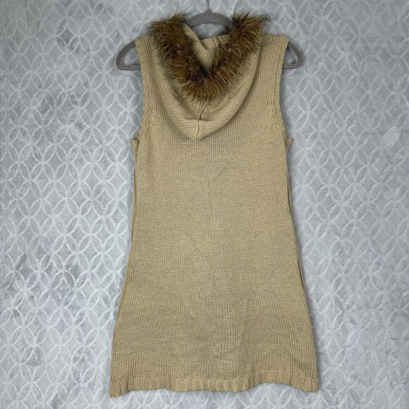 Y2K Hooded Sweater Vest Womens Small Tan Faux Fur Trim Toggle Chunky Penny Lane - Picture 7 of 11